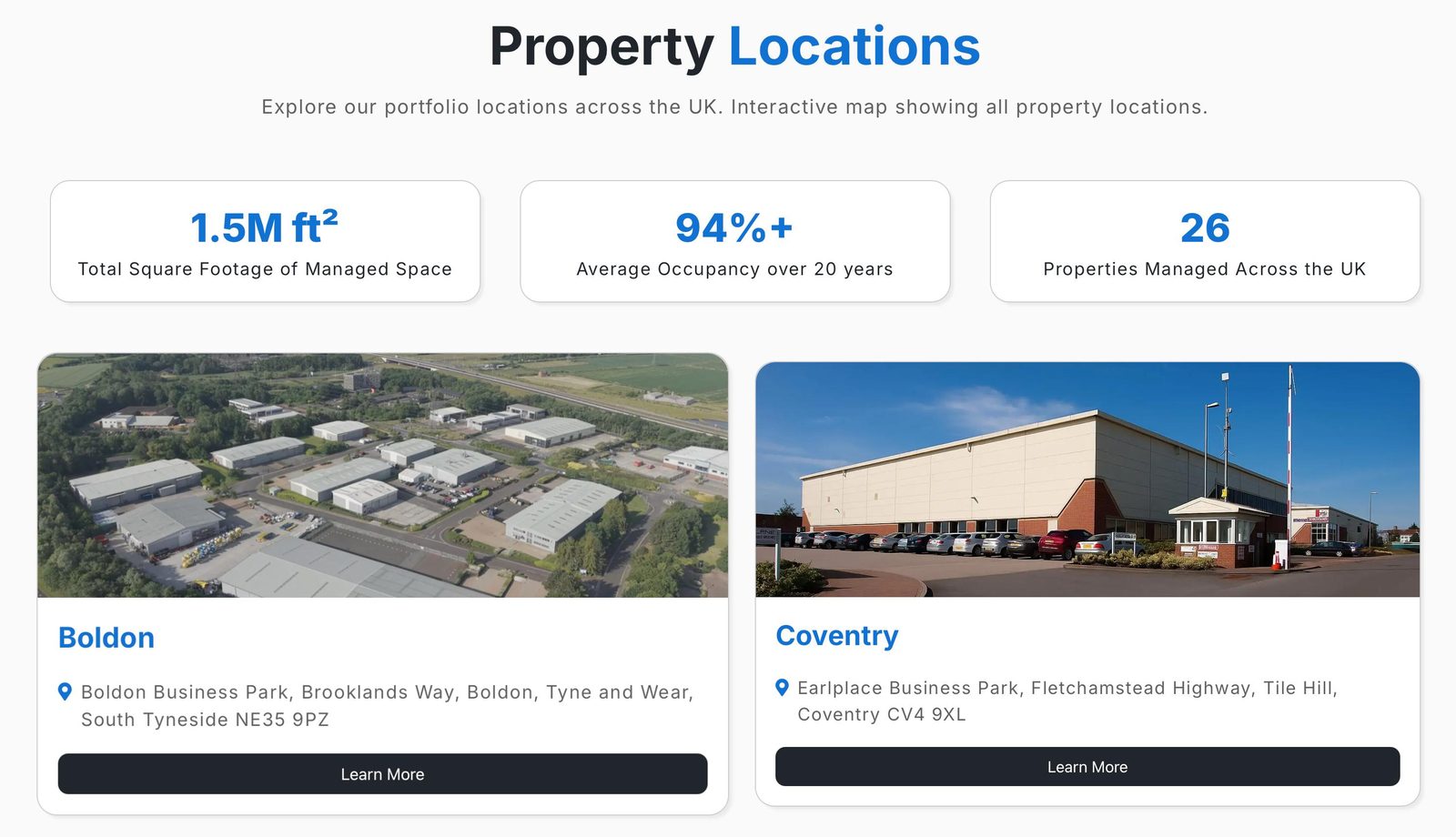 Property locations section with key statistics